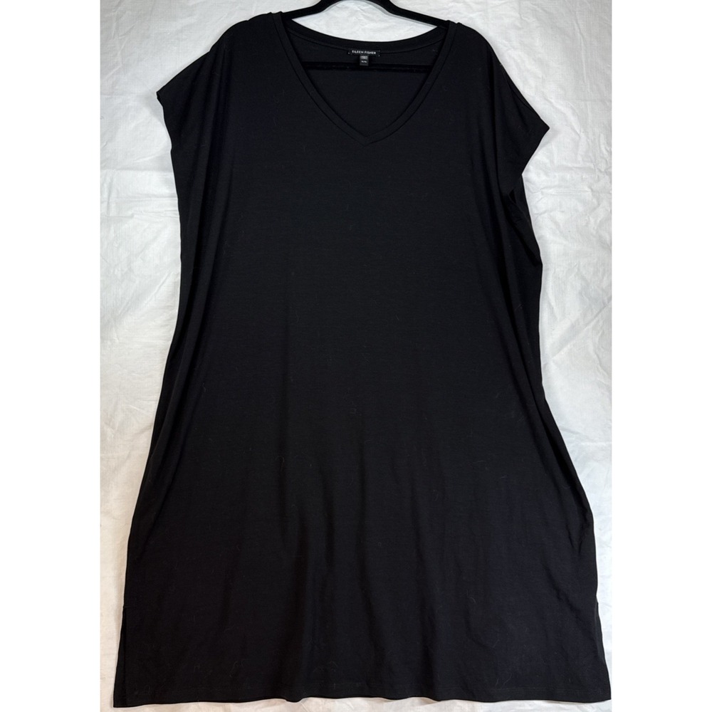 Eileen Fisher Tencel Knit V-neck Dress Women’s XL Black Cap Sleeve Stretch